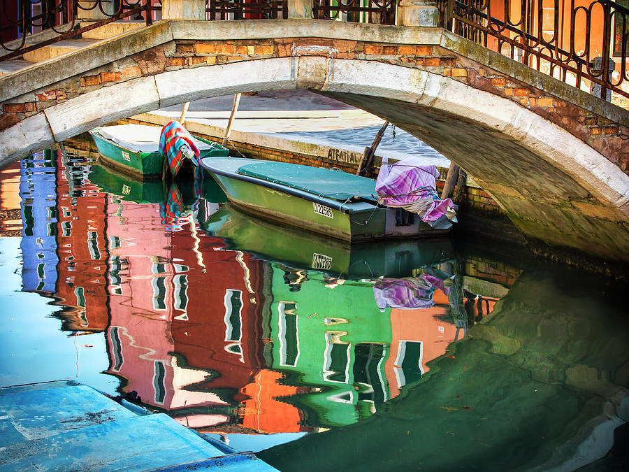 Burano Bridge Reflections Of Color Photograph by Harriet Feagin