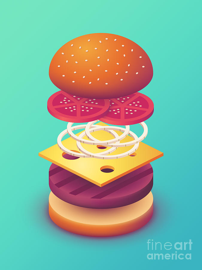 Burger Digital Art - Burger Isometric Deconstructed - Mint by Organic Synthesis