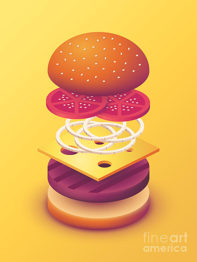 Burger Digital Art - Burger Isometric Deconstructed - Yellow by Organic Synthesis