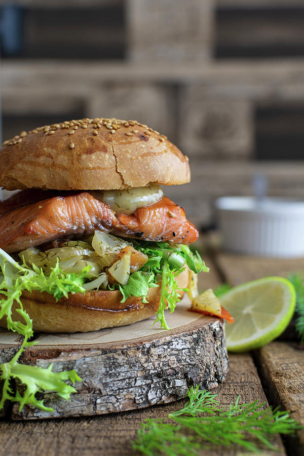 Burger With Roast Salmon Photograph by Felix Kochbook