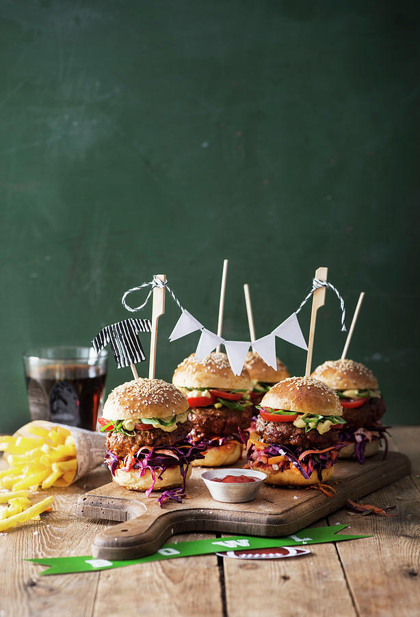 Burgers With Chips For A Super Bowl Party Photograph by Fotografie-lucie-eisenmann
