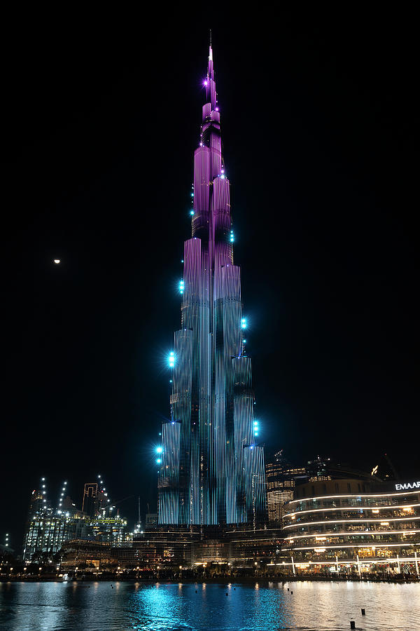 Burj Khalifa At Night With Lights And Moon In The Background Photograph ...