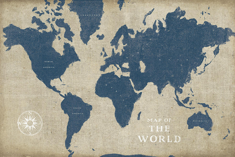Map Mixed Media - Burlap World Map I Navy by Sue Schlabach