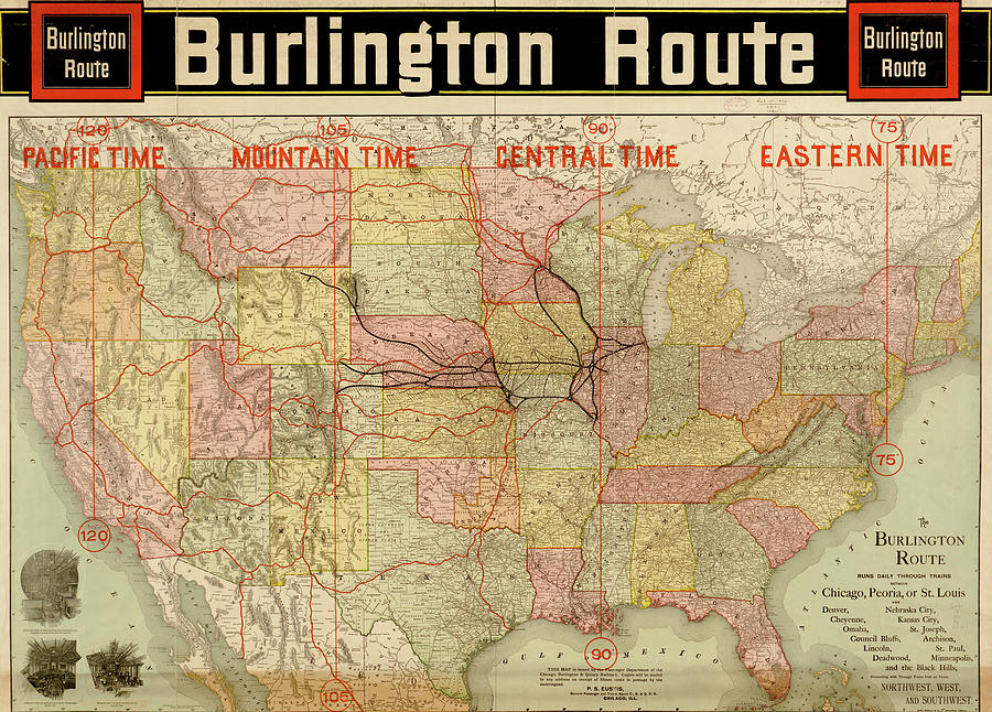 Transportation Painting - Burlington Route with Time Zones - 1892 by Unknown