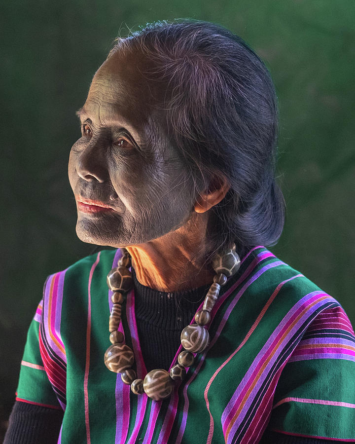 Burmese Chin woman with solid facial tattoos identifying her tribe and village in Myanmar Photograph by Ann Moore