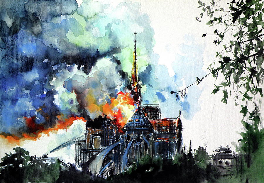 Burning Notre Dame Painting by Kovacs Anna Brigitta