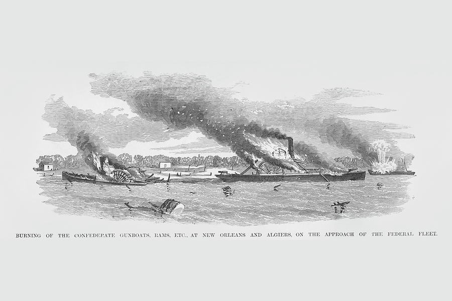 Burning of the Confederate Gunboats & Rams at New Orleans & Algiers Painting by Frank Leslie