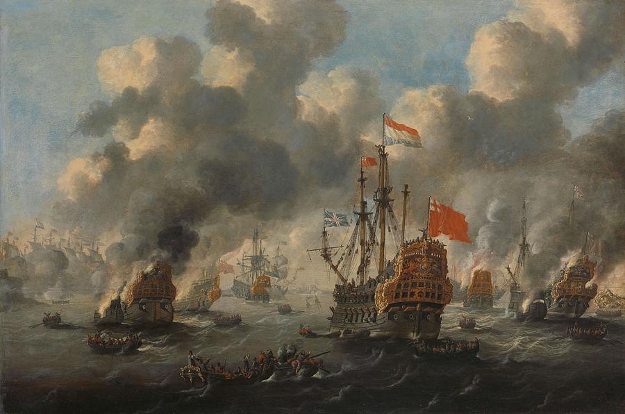 Burning of the English Fleet at Chatham, 20 June 1667 -Raid on the Medway-. Painting by Peter van de Velde