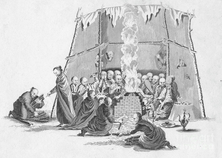Burning The Dead Body Of A Lama Drawing by Print Collector