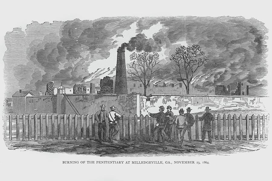 Penitentiary Painting - Burning the Penitentiary in Milledgeville, Georgia by Frank Leslie
