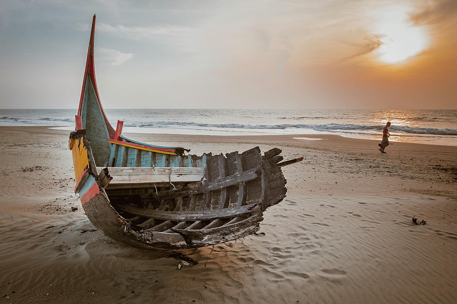 burnt, damaged fishing boat, Cox's Bazar beach, Bangladesh Photograph ...