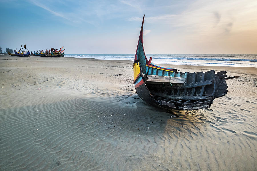 Burnt Damaged Wooden Fishing Boat Empty Cox Bazar Beach