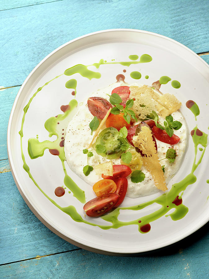 Burrata With Red And Green Tomatoes, Balsamic And Basil Oil Photograph by Frank Croes