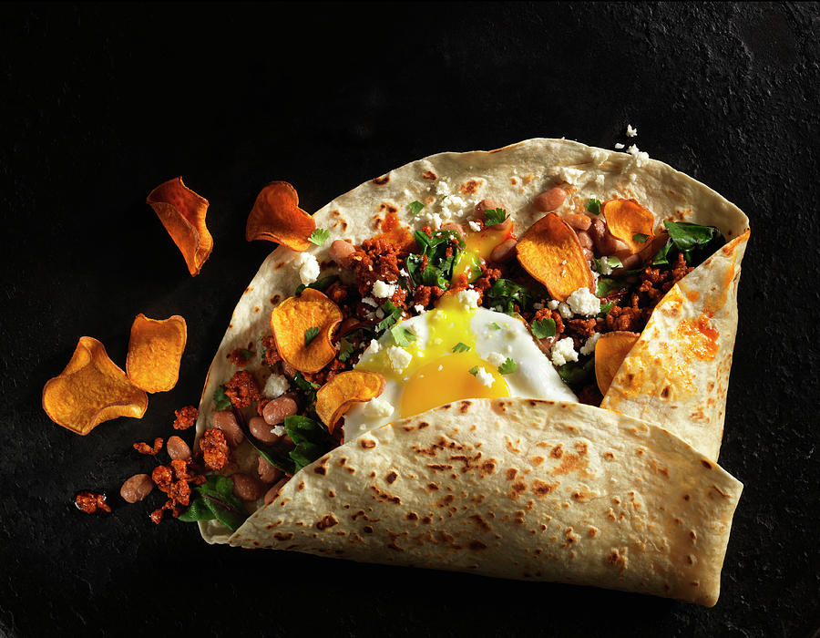 Burrito With Chard, Pinto Beans, Chorizo, Fried Egg, And Sweet Potato Chips Photograph by Flashlight Studio