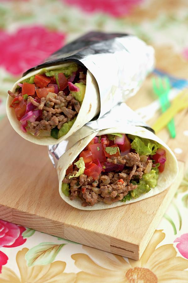 Burritos With Minced Meat, Tomatoes, Red Onions And Guacamole Photograph by Pizzi, Alessandra