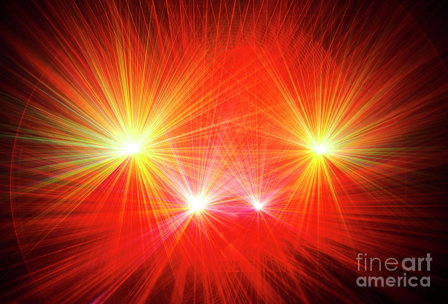 Bursts Of Red, Orange And Yellow Thin Laser Beams - Photograph by 