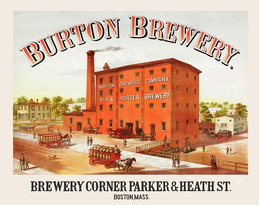 Burton Brewery, Brewery Corner Parker & Heath St., Boston, Mass. Painting by Wittemann Bros. Litho