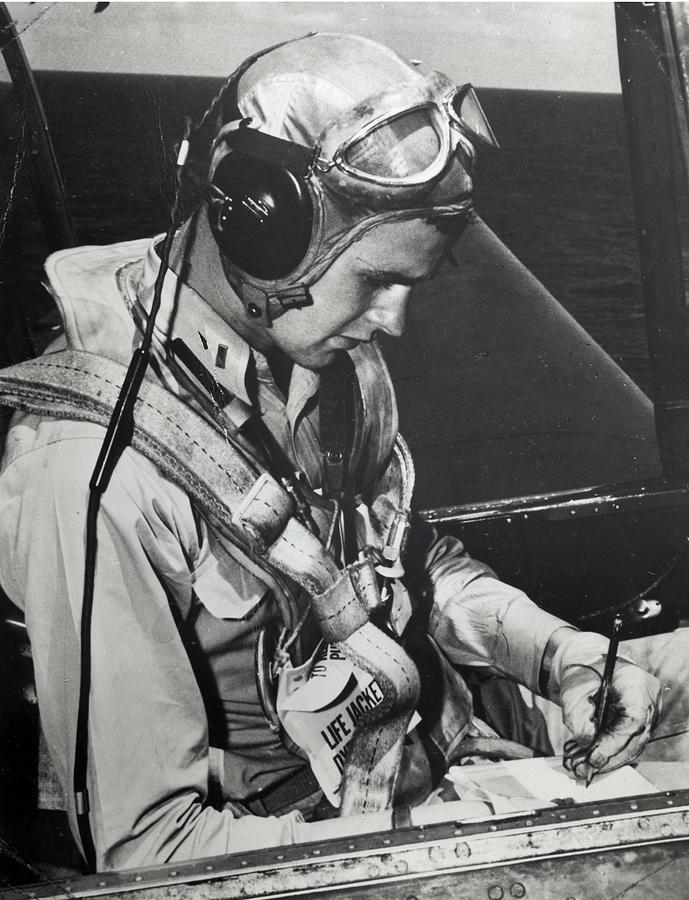 Bush in his Grumman TBM Avenger aboard USS San Jacinto in 1944 Painting by Celestial Images