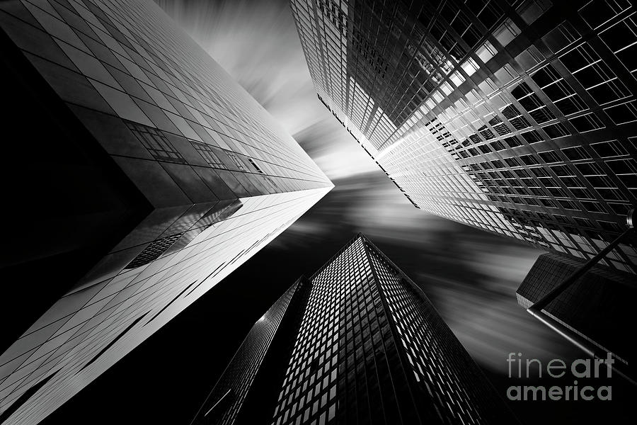 Architecture Photograph - Business vertigo, looking up at modern buildings in Manhattan by Delphimages Photo Creations