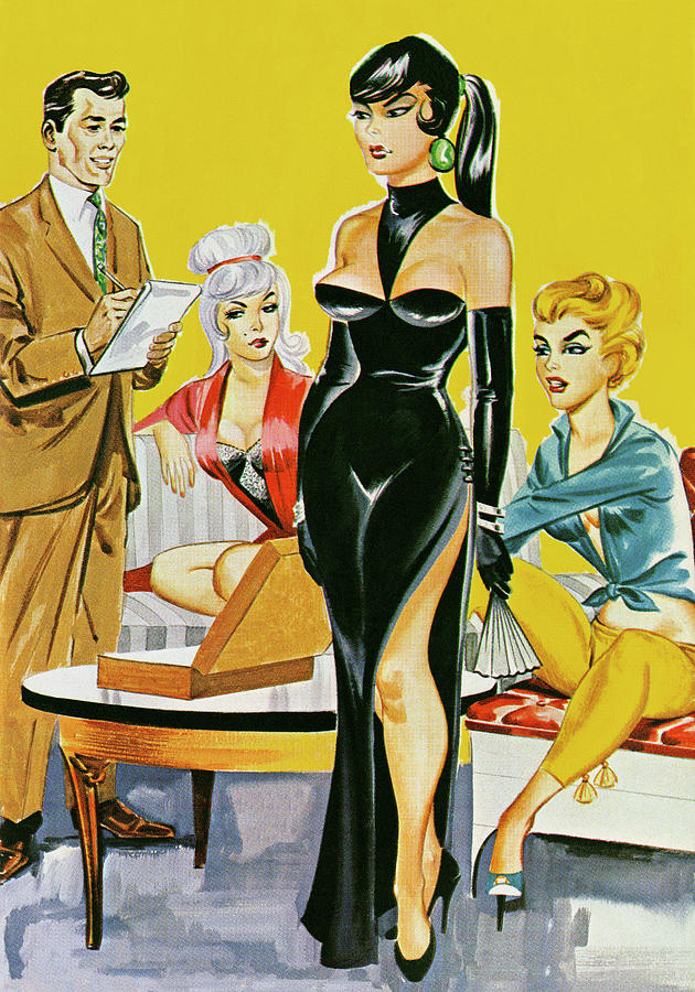 Vintage Drawing - Businessman and Three Sexy Women by CSA Images