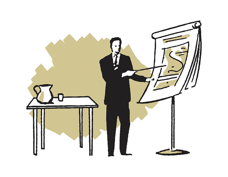 Vintage Drawing - Businessman Pointing to a Chart During a Presentation by CSA Images