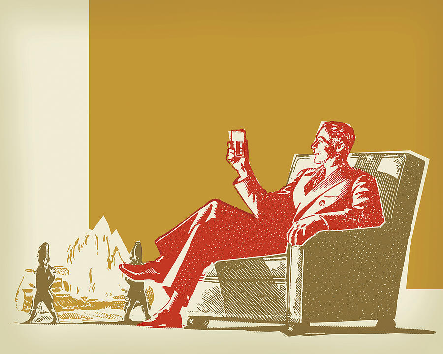 Vintage Drawing - Businessman Relaxing with a Drink by CSA Images