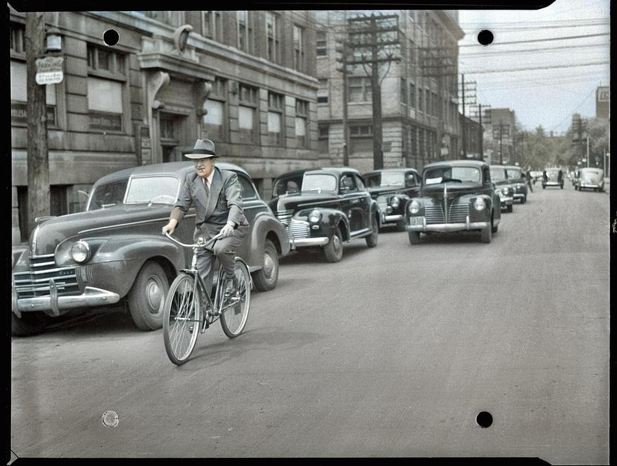 Businessman Riding A Bicycle 1945 Colorized By Ahmet Asar Painting