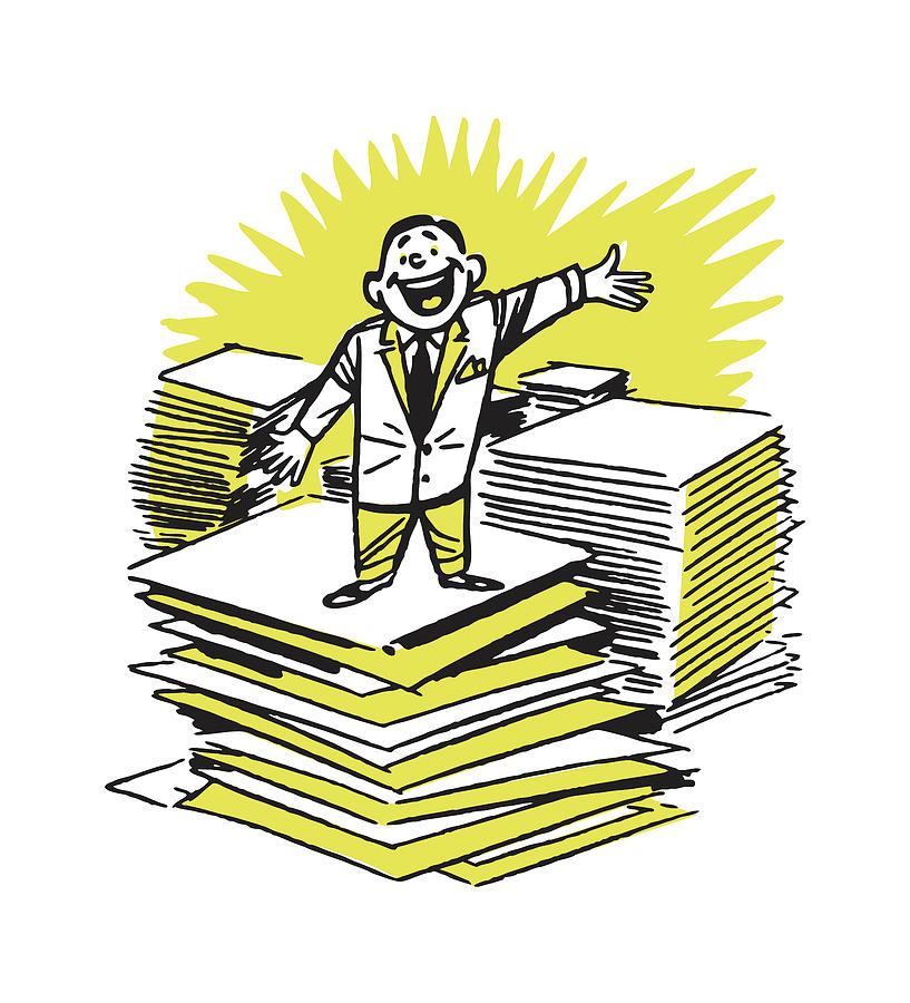 Vintage Drawing - Businessman Standing on Stack of Documents by CSA Images