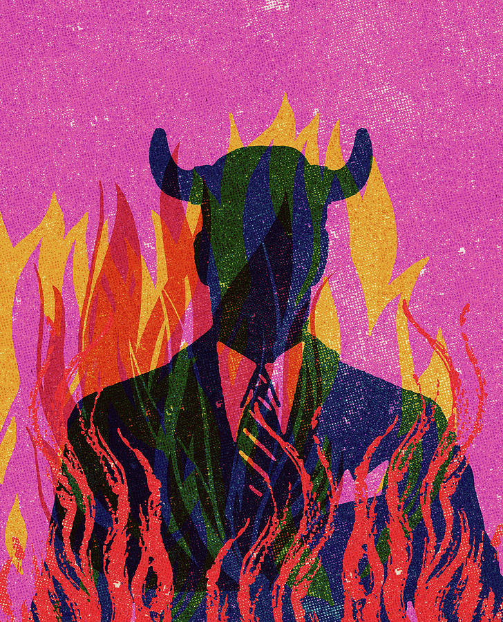 Vintage Drawing - Businessman with Horns in Flames by CSA Images