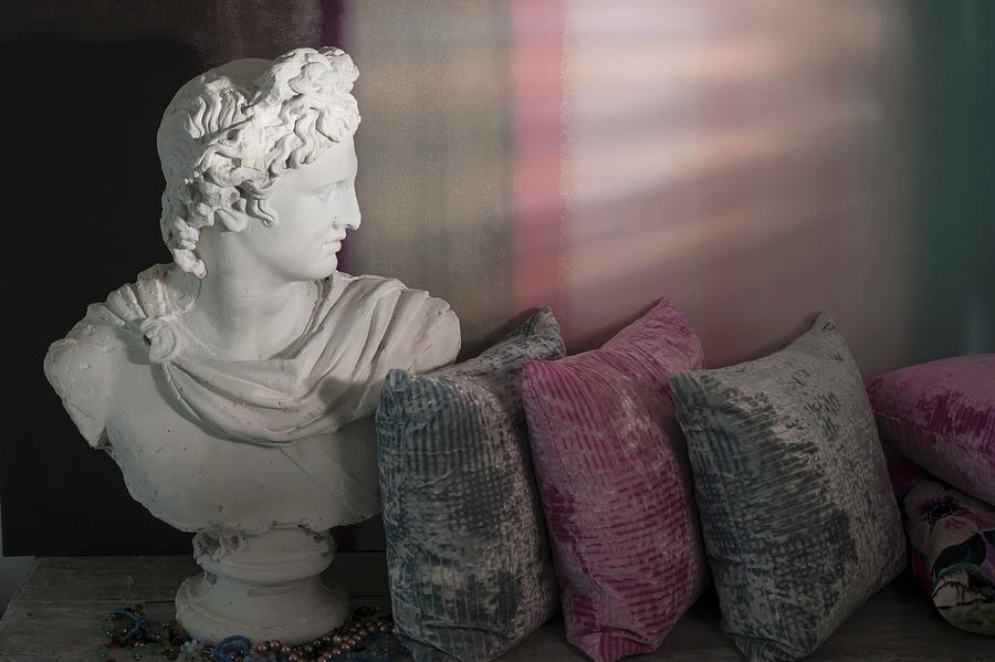 Bust Of The God Apollo Next To Grey And Pink Velvet Cushions On Antique Table Photograph by Jasmine Burgess
