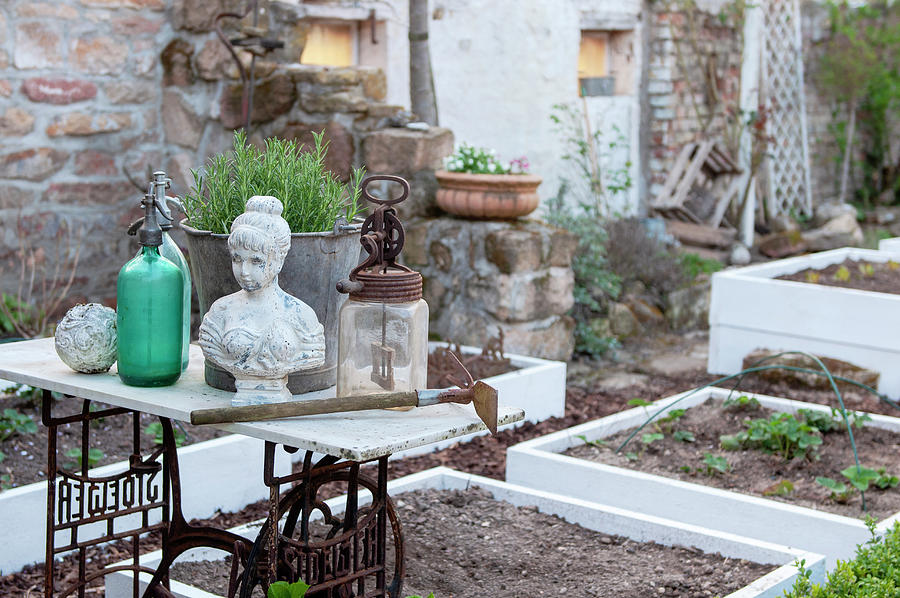 Bust Of Woman And Vintage Bottles On Table Next To Freshly Prepared Raised Beds In Garden Photograph by Gudrun Itt