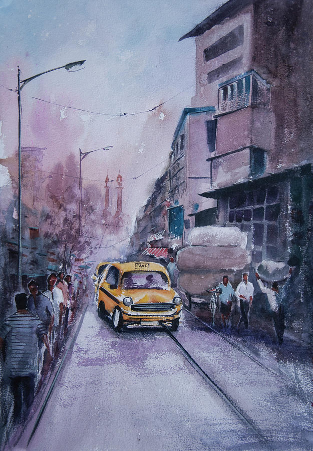 Shubhankar Adhikari Fine Art Kolkata City Life Sketch  a busy market  scene in watercolour