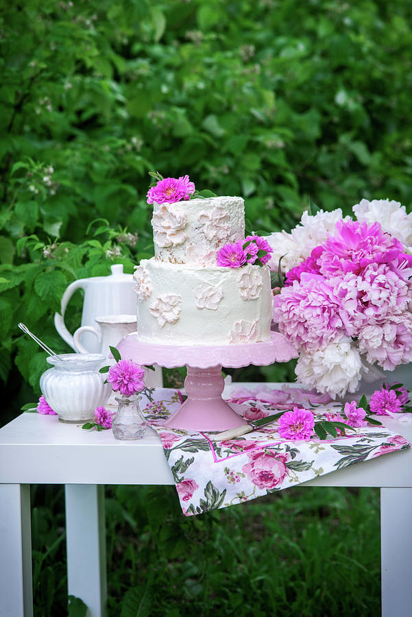 Buttercream Cake With Peonies In A Garden Photograph by Irina Meliukh