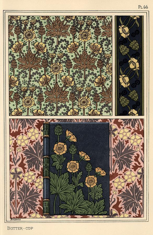 Buttercup in art nouveau patterns for wallpapers and a book binding. Lithograph by A. Poidevin. Drawing by Album