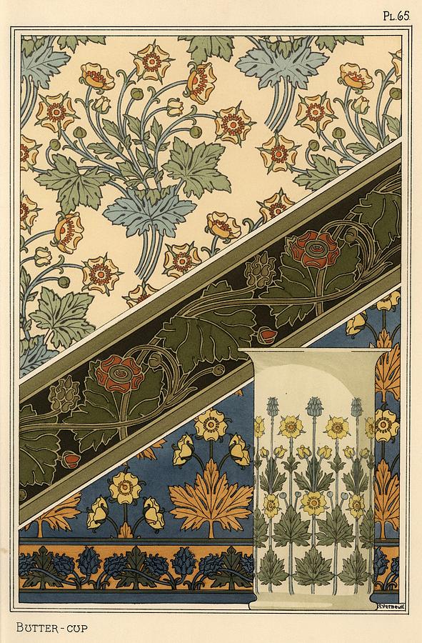 Buttercup in art nouveau patterns for wallpapers and a vase. Lithograph by M. P. Verneuil. Drawing by Album
