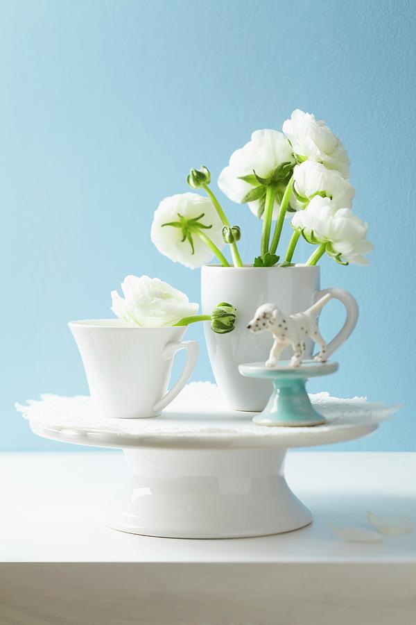 Buttercups In A Cup Being Used As A Vase On A Cake Stand Decorated With A Doily Photograph by Franziska Taube