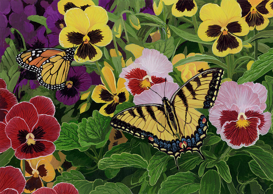 Flower Painting - Butterflies And Pansies by William Vanderdasson
