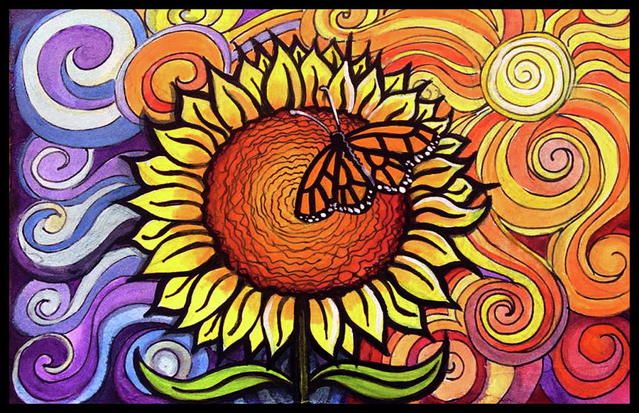 Butterfly Sunflower Painting by David Sockrider