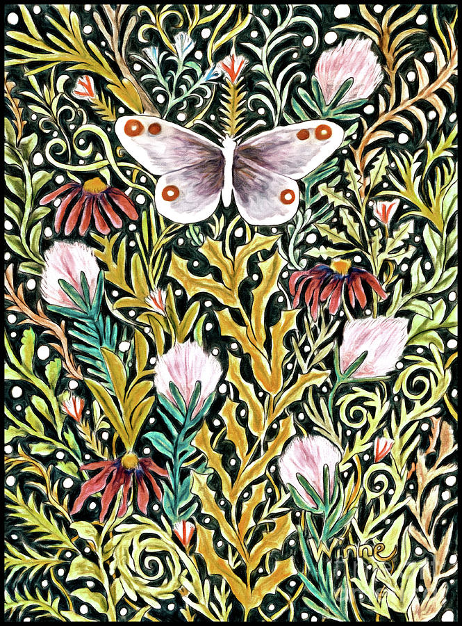 Butterfly Tapestry design in mustard, red and green Mixed Media by Lise Winne