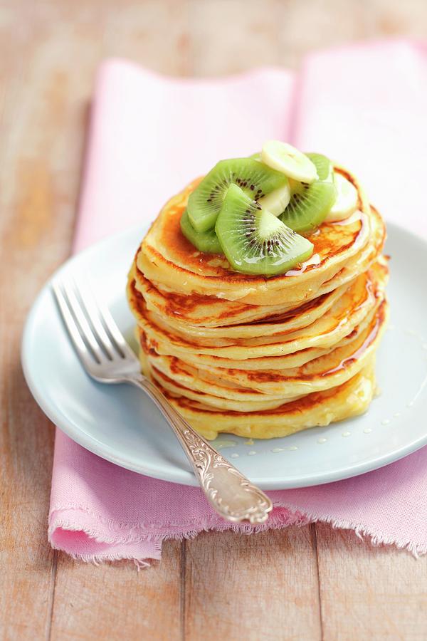 Buttermilk Pancakes With Kiwi, Banana And Honey Photograph by Rua Castilho