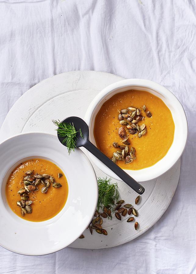 Butternut And Fennel Soup With Ginger And Roasted Pumpkin Seeds Photograph by Great Stock!