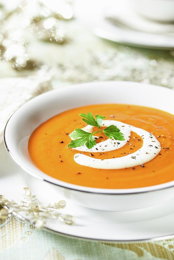 Butternut Squash And Pepper Soup With Sour Cream christmas Photograph by Jonathan Short