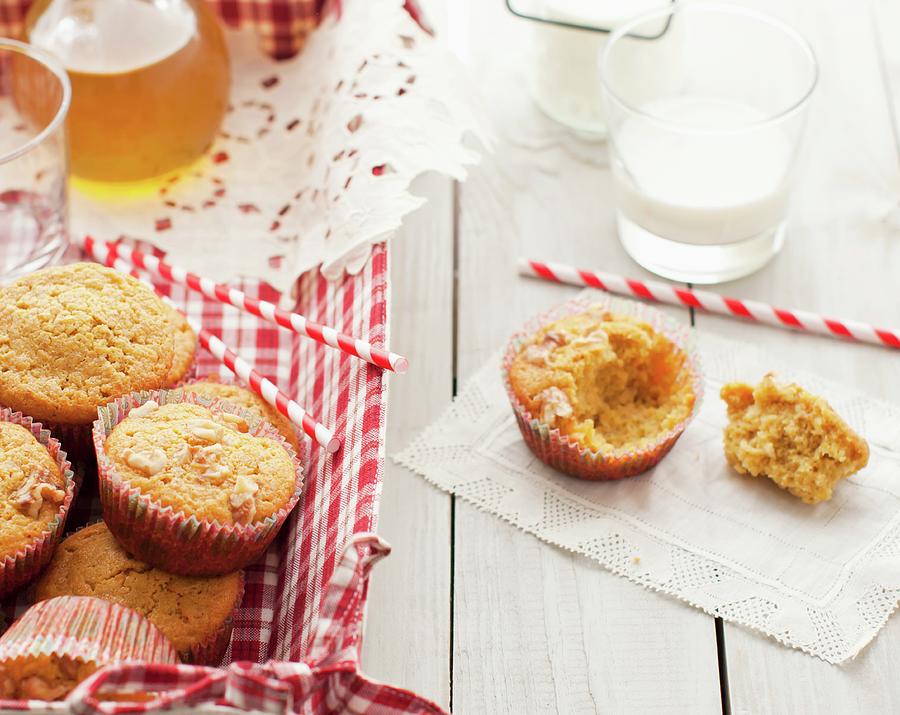 Butternut Squash, Apple And Walnut Muffins With Milk And Straws Photograph by Strokin, Yelena