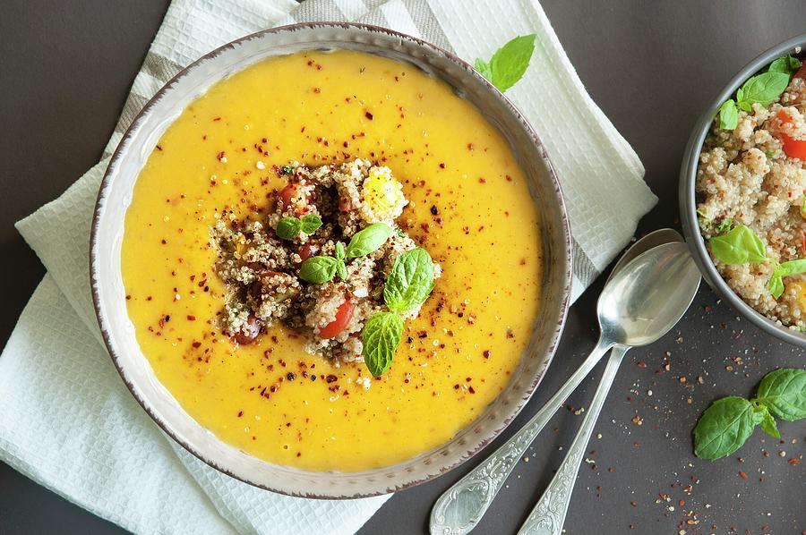 Butternut Squash Soup With Quinoa seen From Above Photograph by Healthylauracom