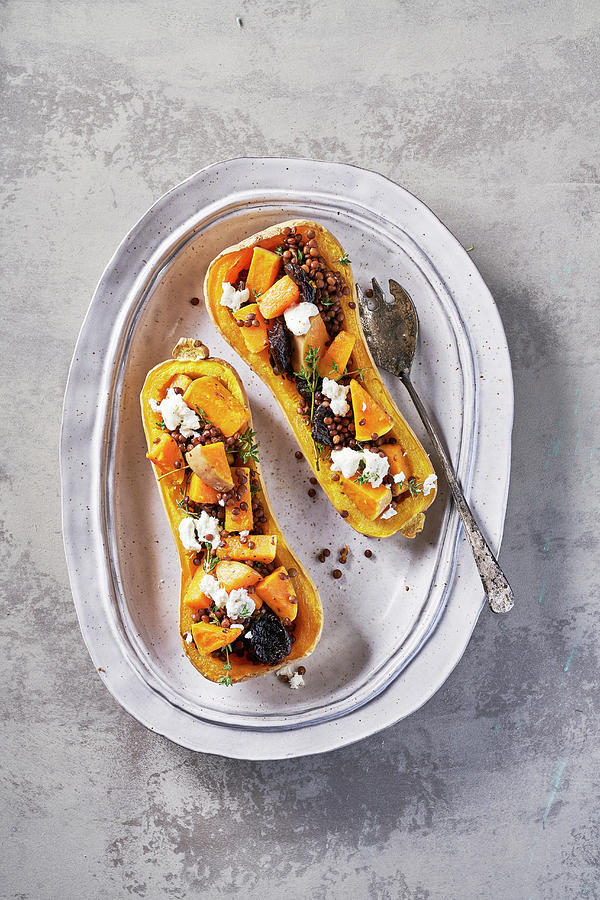 Butternut Squash With Goat Cheese, Raisins, Lentils And Thyme Photograph by Arjan Smalen Photography