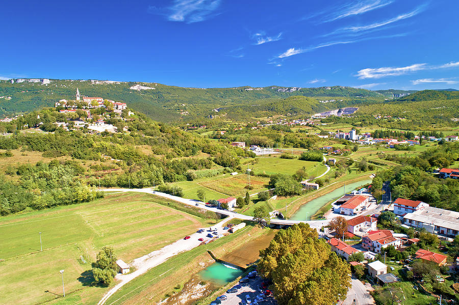 Buzet. Hill town of Buzet and Mirna river in green landscape aer Photograph by Brch Photography