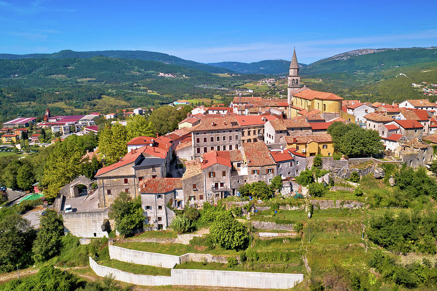 Buzet. Idyllic hill town of Buzet in green landscape aerial view Photograph by Brch Photography