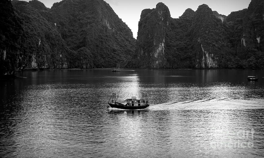 BW Limestone Ha Long Bay Boat  Photograph by Chuck Kuhn