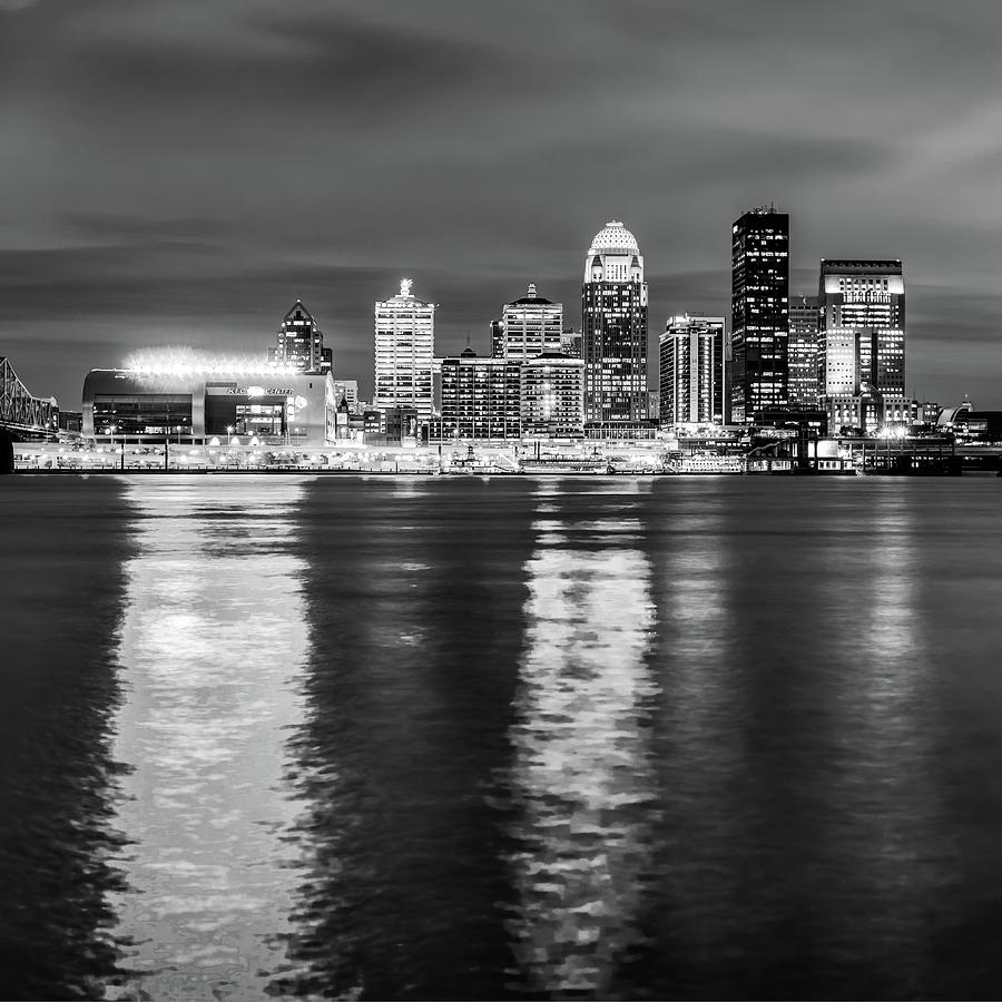 BW Louisville Skyline Over the Ohio River - Square Format Photograph by Gregory Ballos