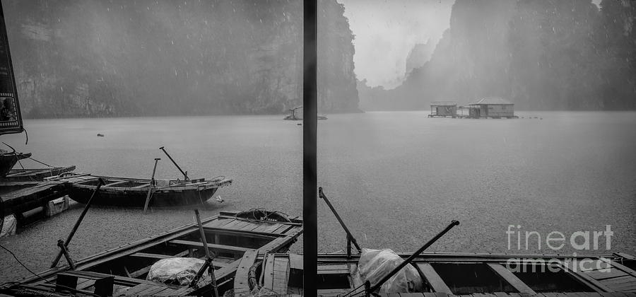 BW Storm Rain Boat People Homes on Ha Long Bay  Photograph by Chuck Kuhn